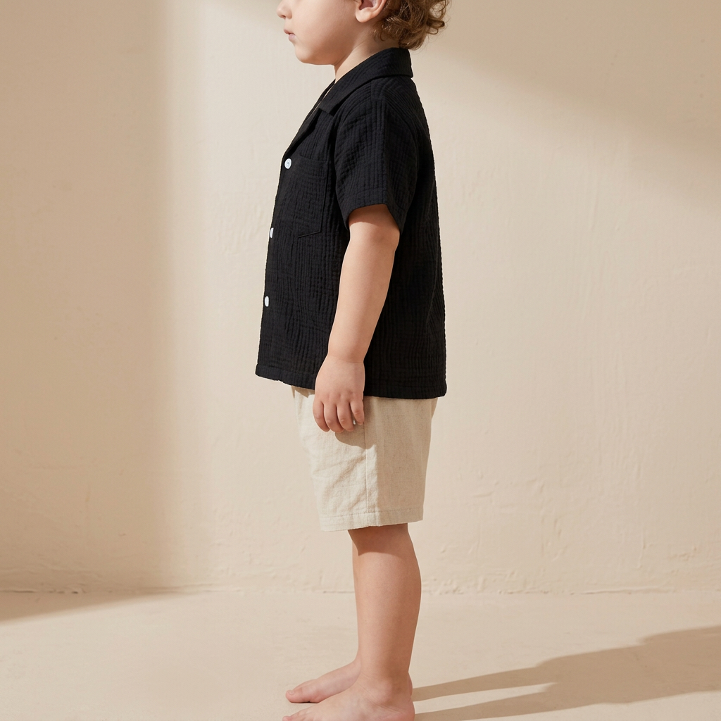 SHEIN SHEIN Black Crinkle Gauze Camp Collar Toddler Shirt