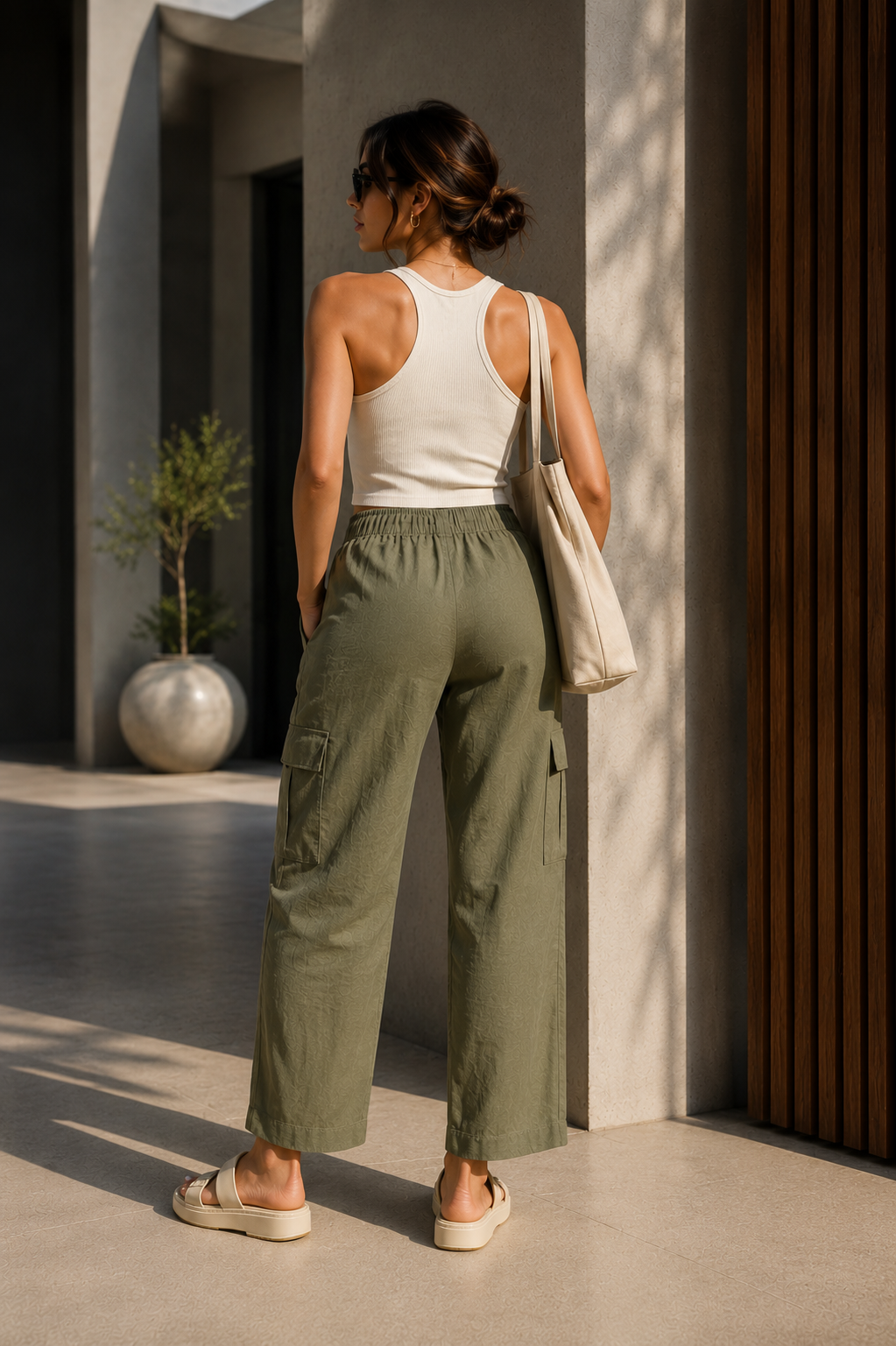 Women's Olive Green Linen Blend Cargo Trousers