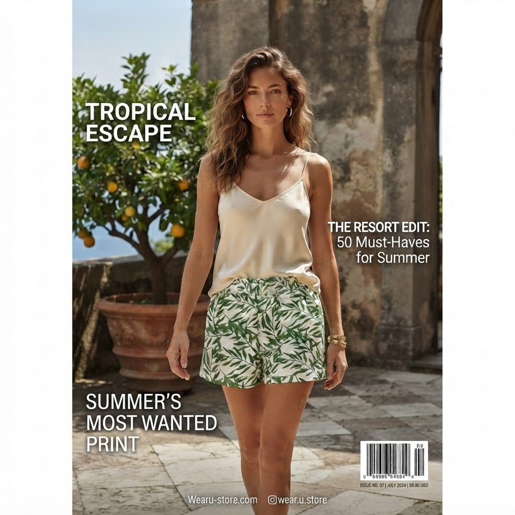 Vibrant Green Botanical Leaf Print Elastic Waist Shorts