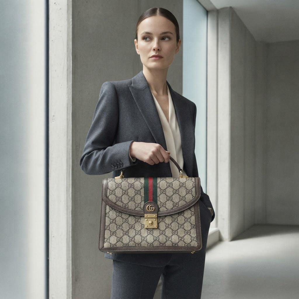 GUCCI Monogram Canvas Top Handle Bag with Web Stripe