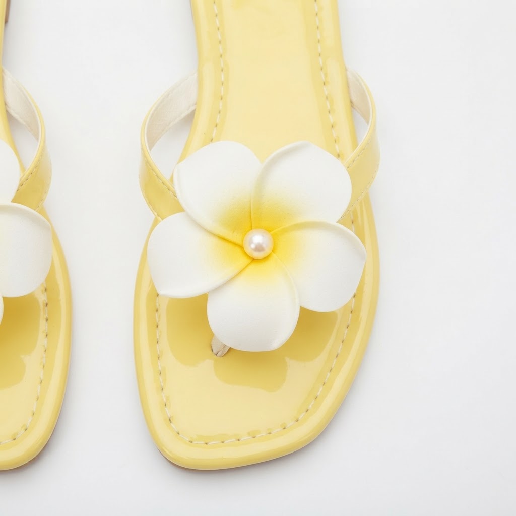 Women's Yellow Glossy Flat Thong Sandals with Flower