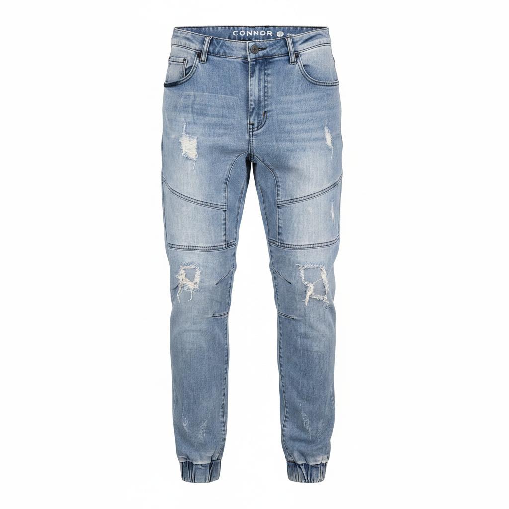 Conner's Men's Light Blue Distressed Paneled Denim Joggers