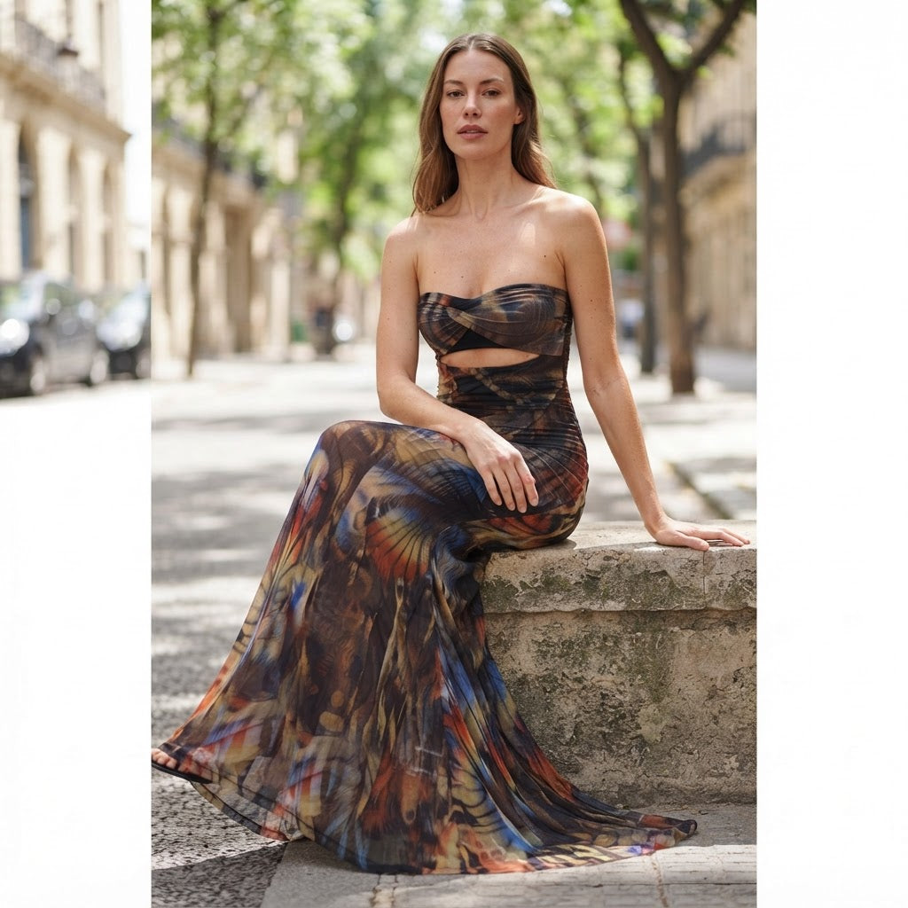 SHEIN Multicolour Abstract Strapless Mermaid Maxi Dress