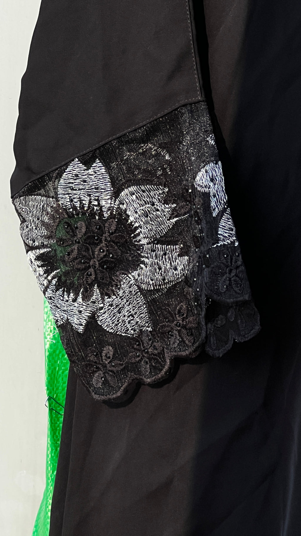 Black Floral Lace Crepe Abaya Long Robe