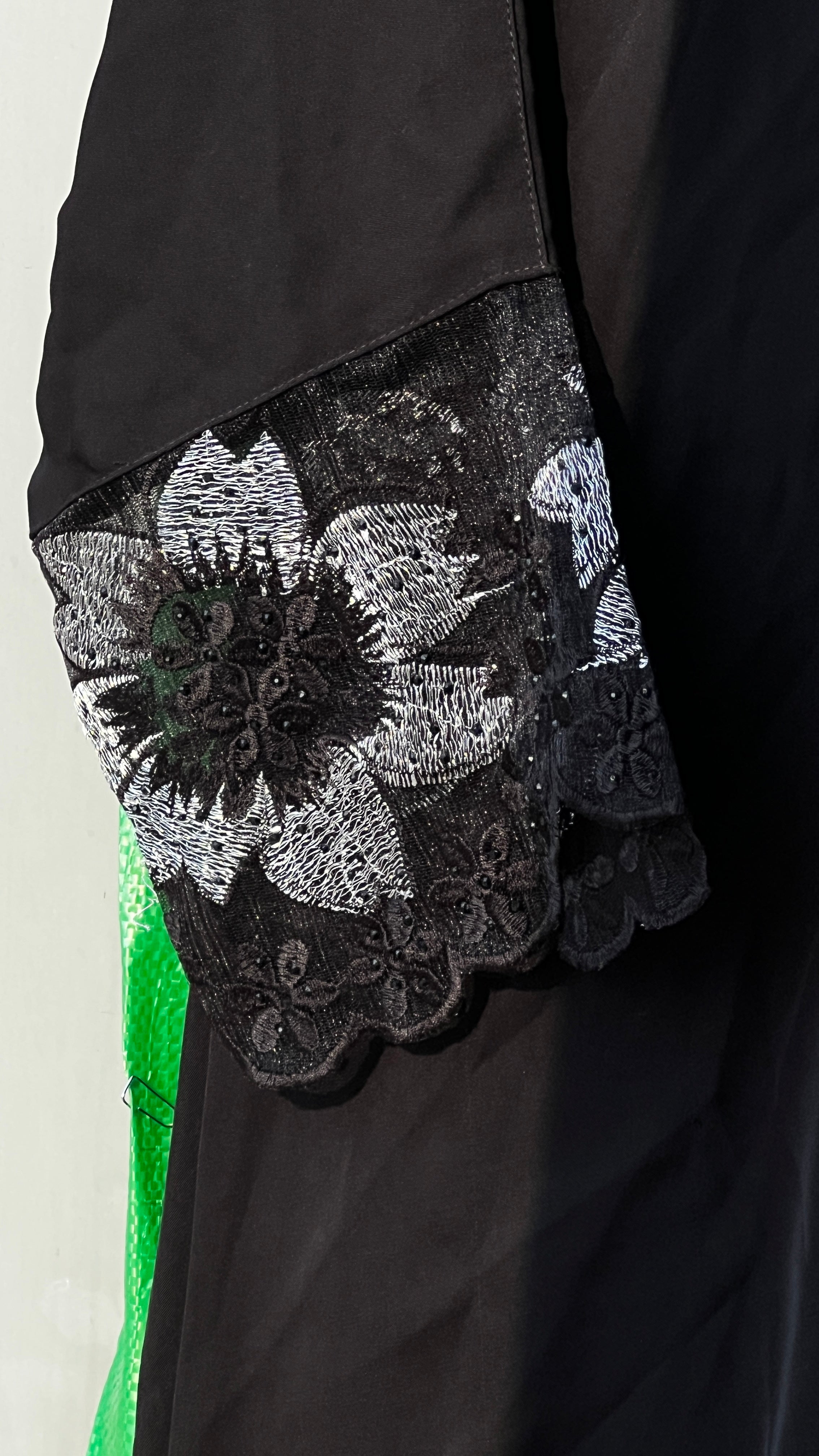 Black Floral Lace Crepe Abaya Long Robe
