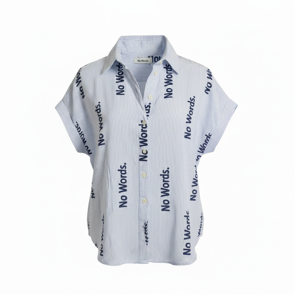 Bershka Women's Blue Striped Text Print Short Sleeve Shirt