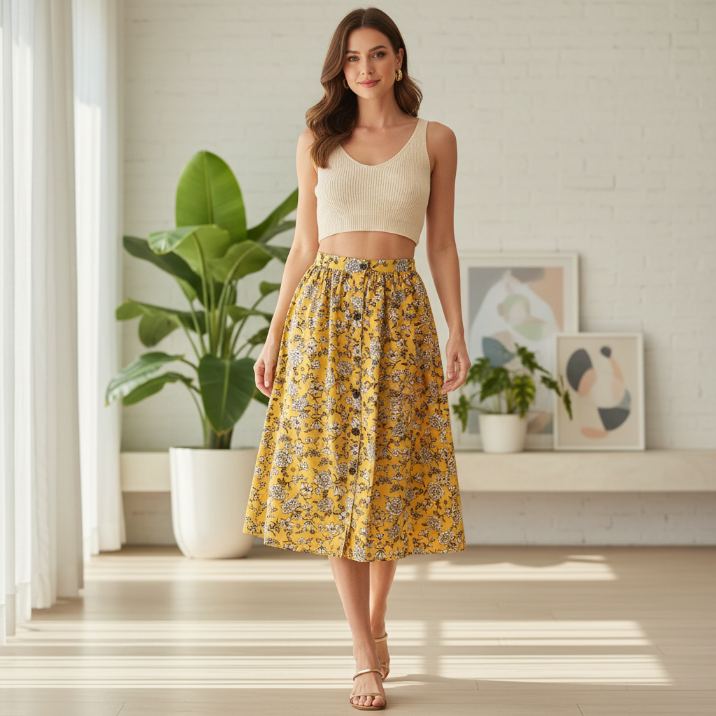 Treasure Island Women's Yellow Floral Button-Down Midi Skirt
