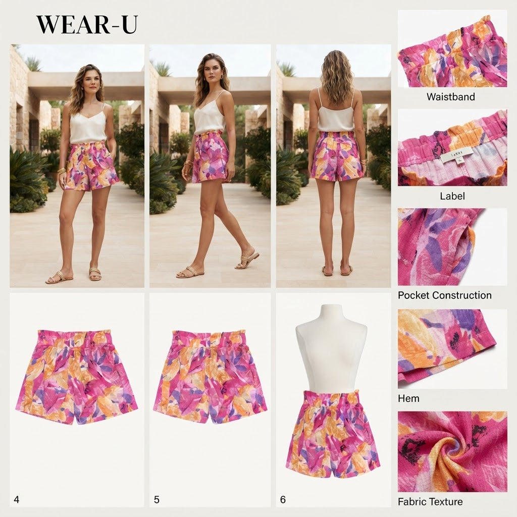 Fuchsia and Orange Floral Paperbag Waist Shorts