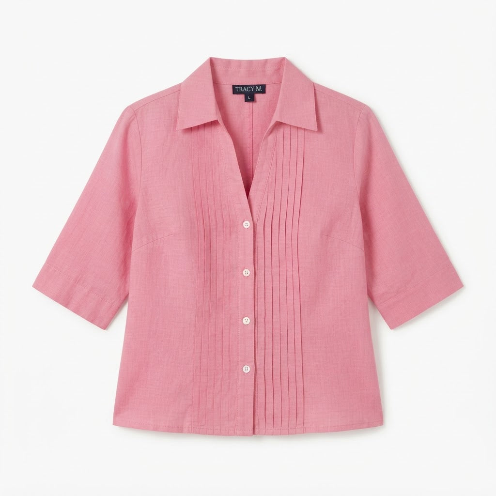 [WearU Generated:merch_clean_front] Tracy M. Rose Pink Linen-Blend Pintuck Blouse – merch clean front
