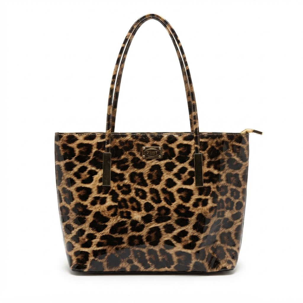 Diophy Patent Leopard Print Shoulder Tote