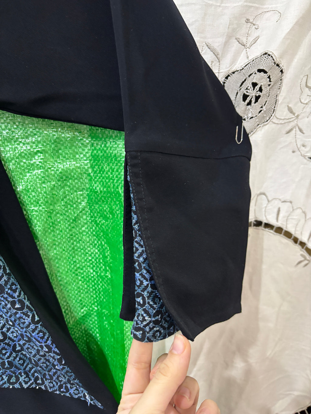 Black Open-Front Bisht Robe with Blue Jacquard Panels