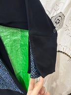 Black Open-Front Bisht Robe with Blue Jacquard Panels