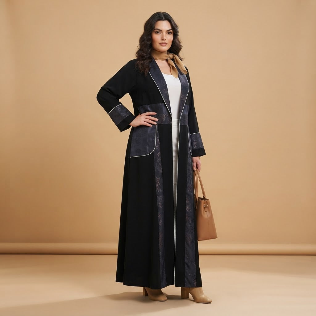 Women's Black & black Metallic Jacquard Open Abaya