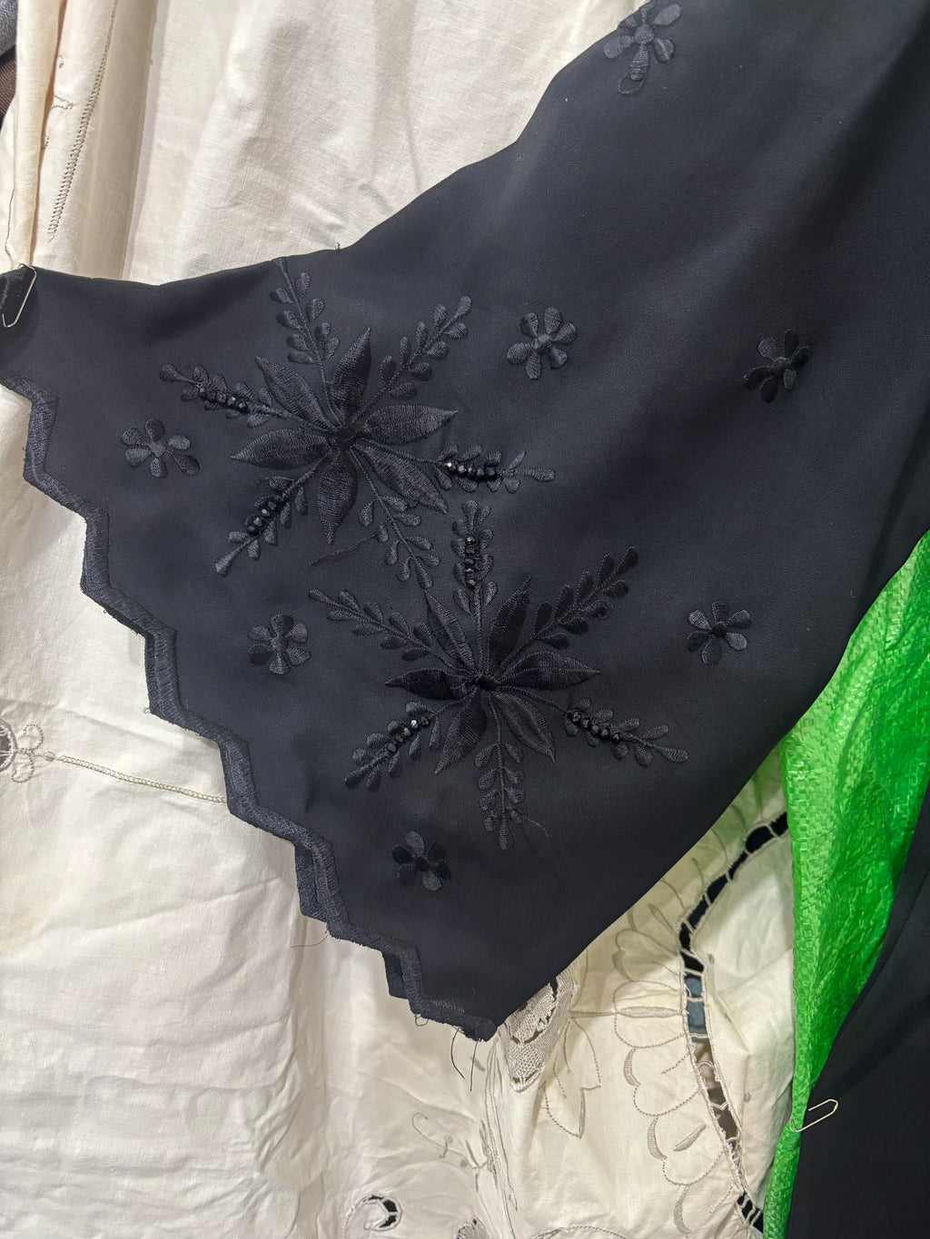 Private Black Embroidered Open-Front Abaya with Scalloped Sl