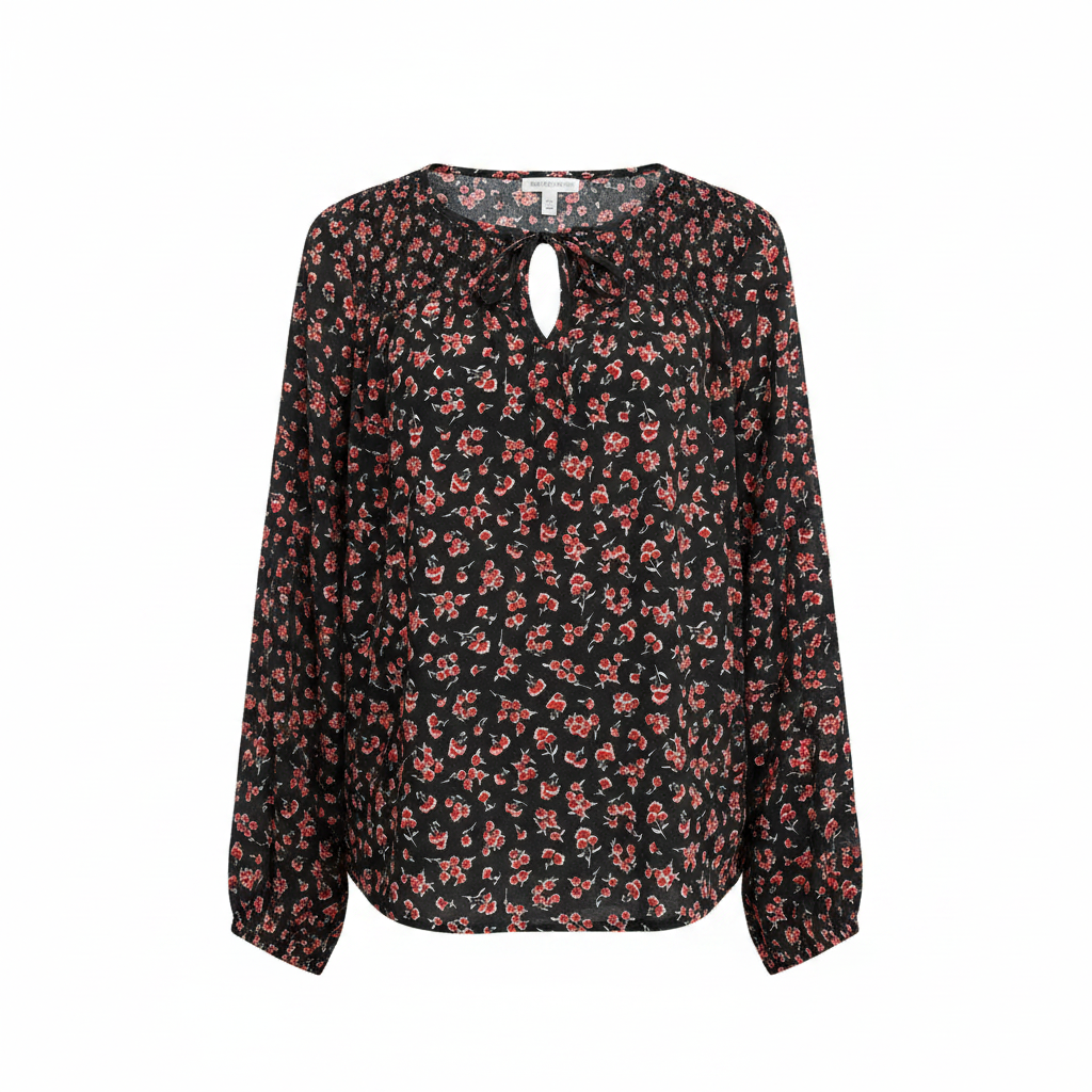 B Collection by Bobeau Black Floral Smocked Tie Blouse