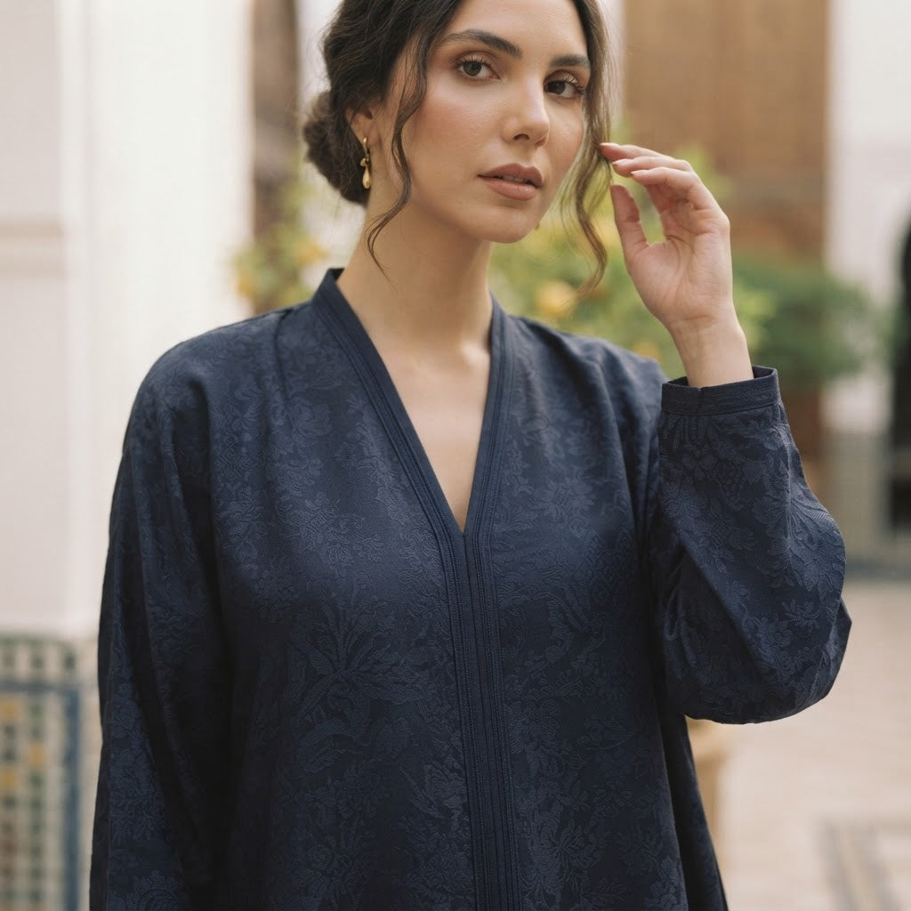 Al Wisham Al Aneeq Deep Navy Floral Jacquard A-Line Floor-Le