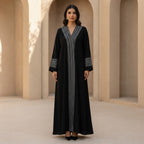 represent Black Traditional Thobe with White Geometric Woven