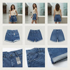 Mid-Wash Blue Denim High-Rise Shorts with Cuffed Hem
