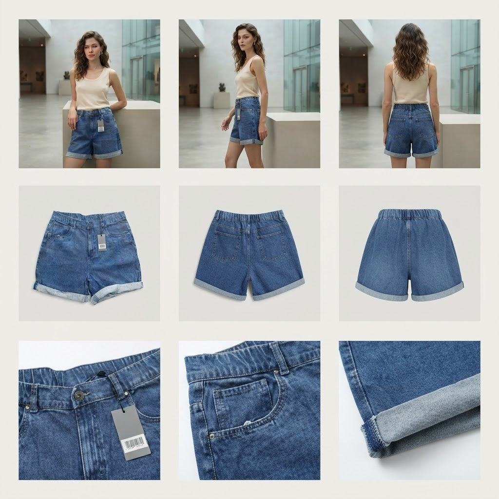 Mid-Wash Blue Denim High-Rise Shorts with Cuffed Hem