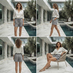 Dark Grey and White Striped Drawstring Linen Shorts