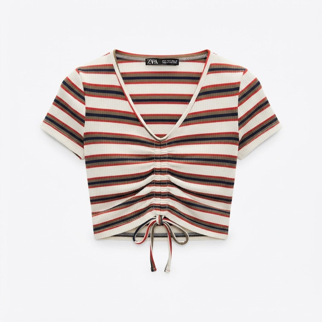 [WearU Generated:merch_ghost] Zara Off-White Multi-Stripe Ribbed Knit Fitted Cropped Top – ghost front view