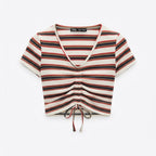 [WearU Generated:merch_ghost] Zara Off-White Multi-Stripe Ribbed Knit Fitted Cropped Top – ghost front view