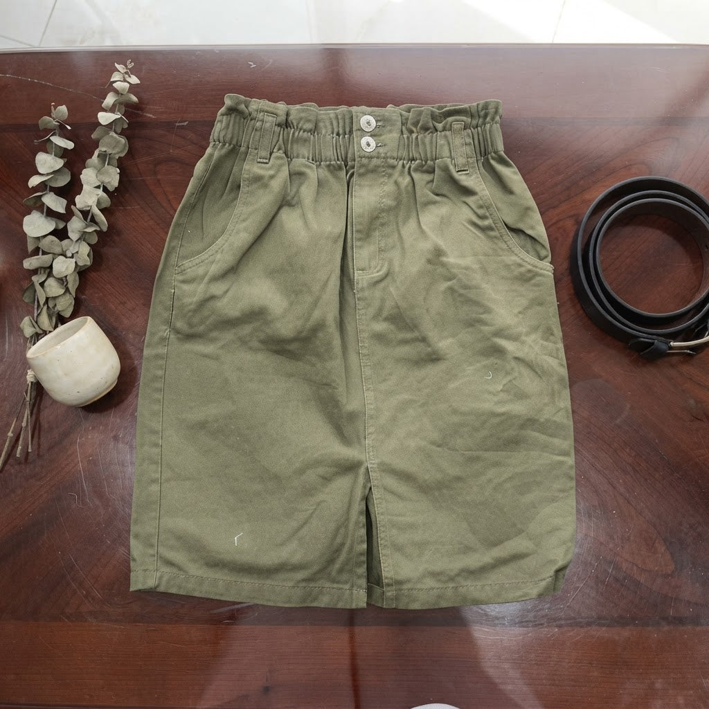 Olive Green Paperbag Waist Cotton Twill Skirt