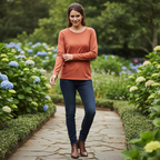 Women's Orange Cotton Crew Neck Long Sleeve Top