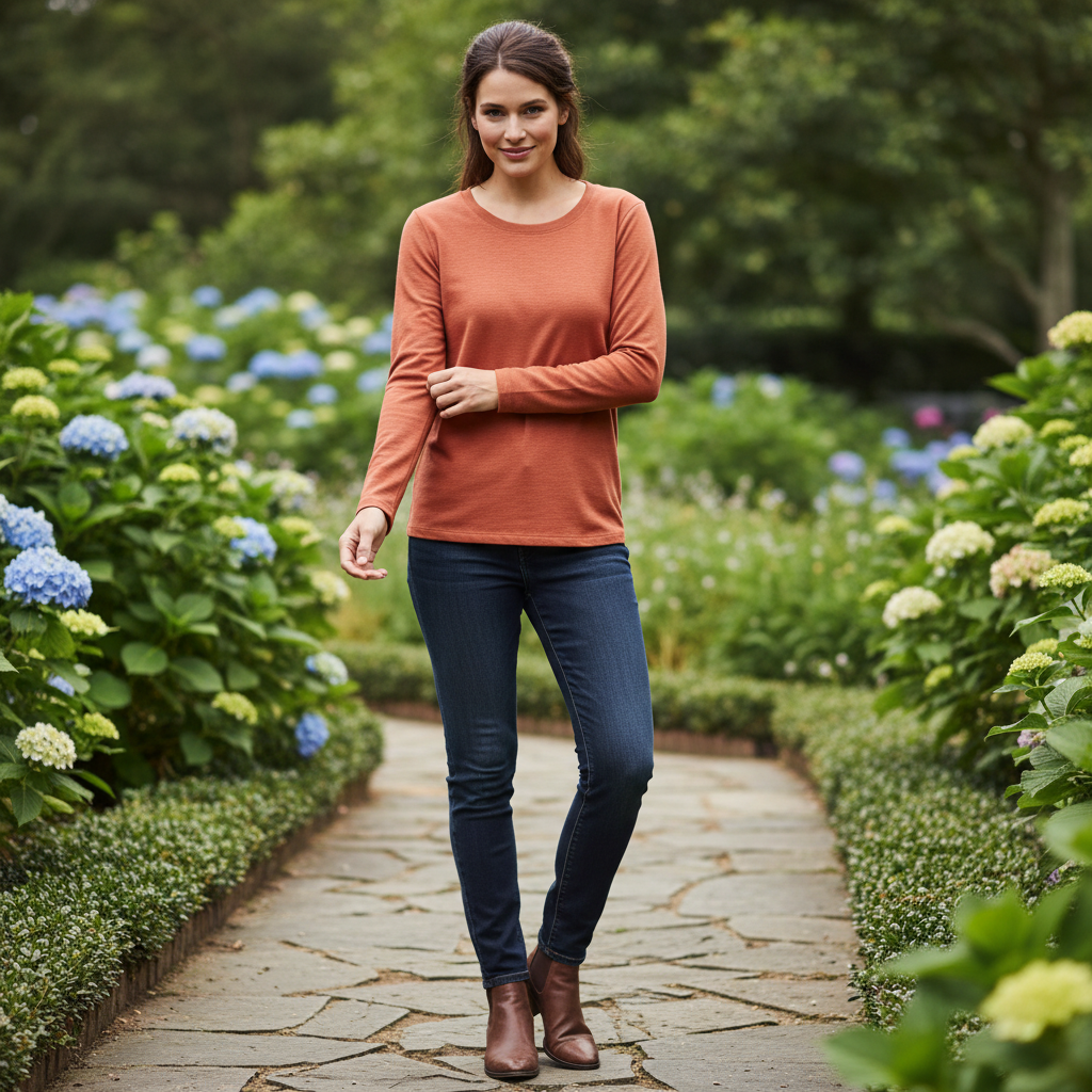 Women's Orange Cotton Crew Neck Long Sleeve Top