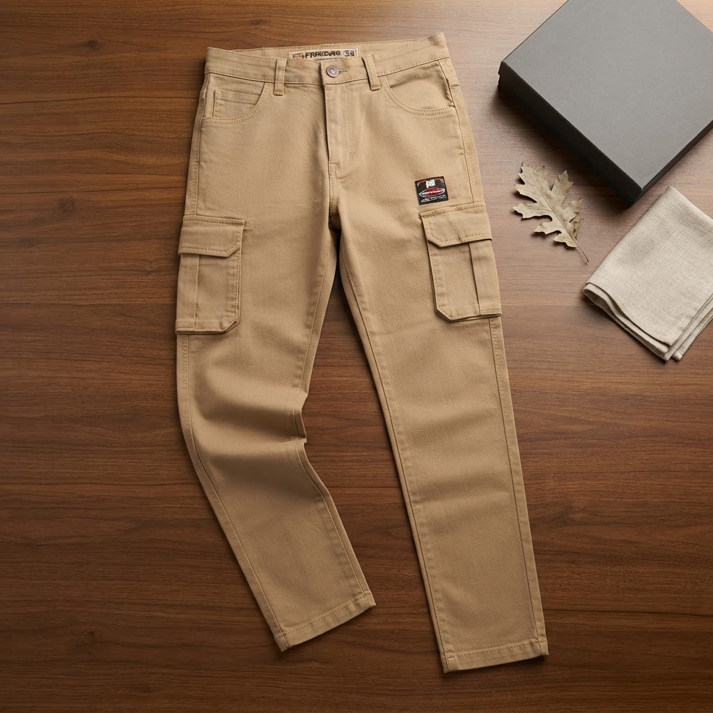 FINE ROSE Khaki Slim-Tapered Multi-Pocket Cargo Trousers