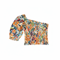 Women's One-Shoulder Smocked Multi-Color Puff Sleeve Top