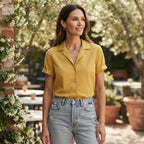 Women's Yellow Short-Sleeved Camp Collar Shirt