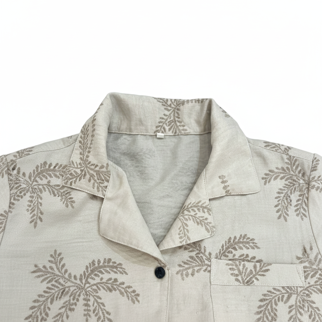 Women's Cream Palm Leaf Print Linen Blend Button-Down