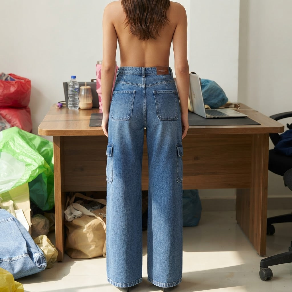 Splash Splash Medium Blue Wide-Leg Cargo Jeans with Front Se