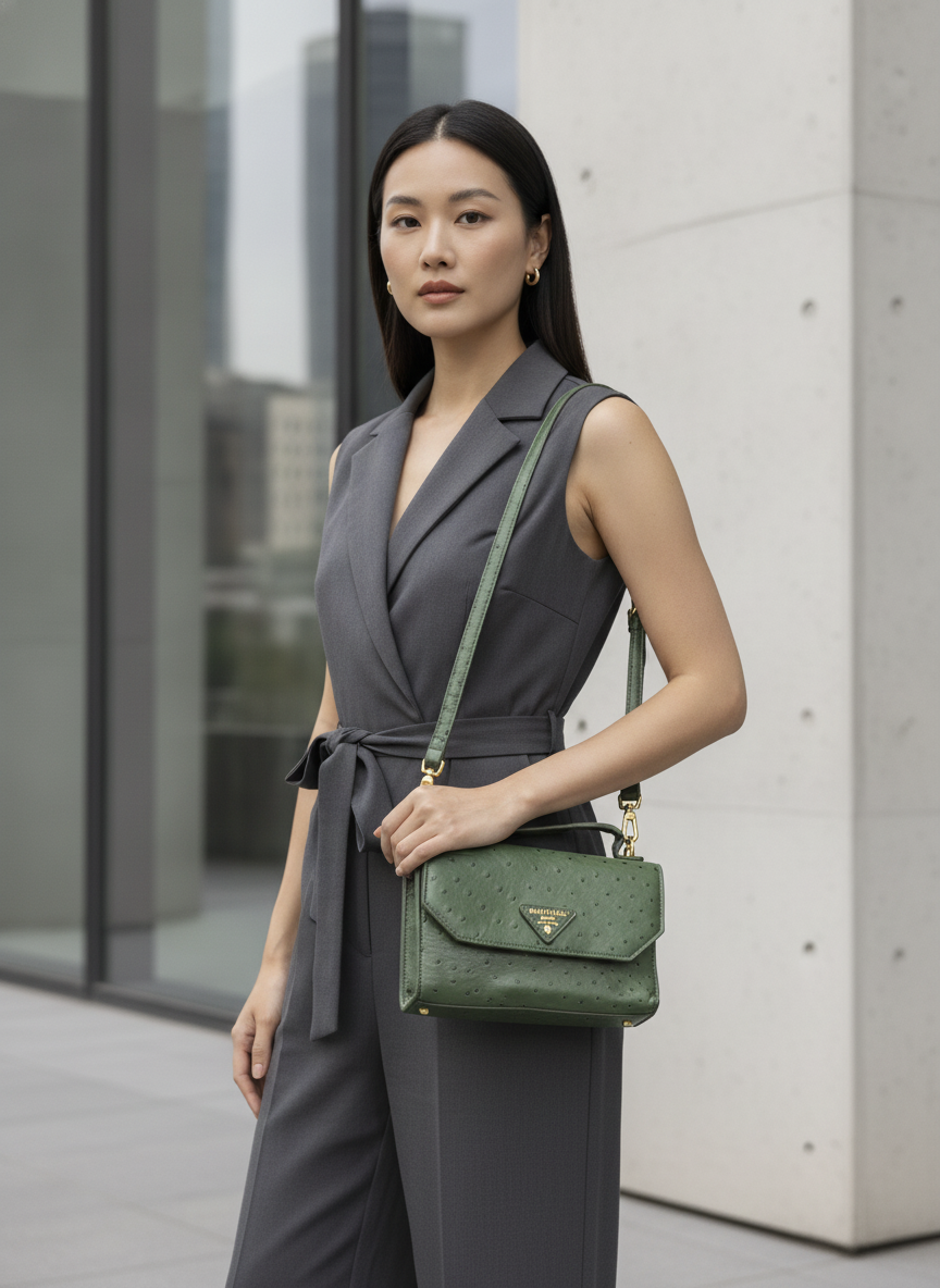 Forest Green Ostrich-Effect Crossbody Bag