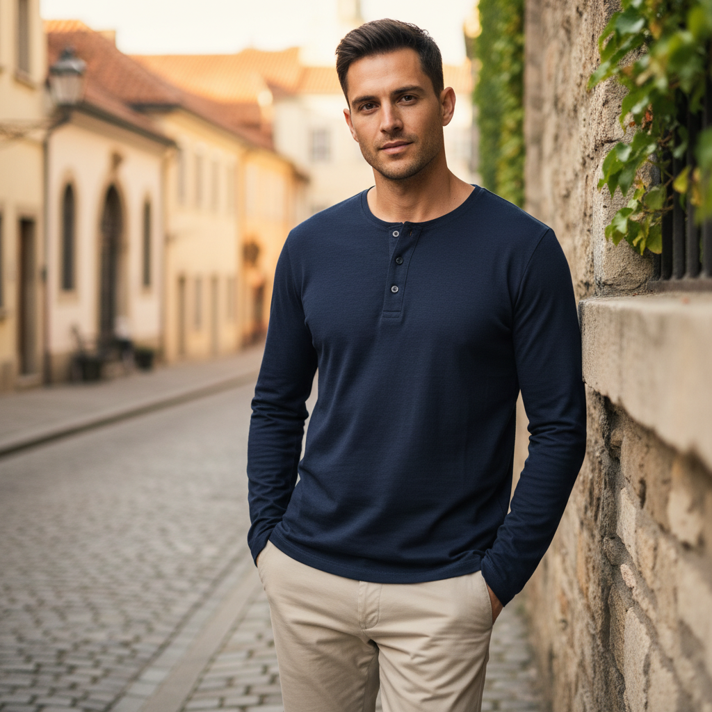 Livergy Men's Navy Blue Long Sleeve Henley Shirt - XL