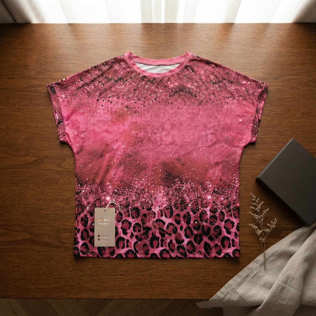 EMERY ROSE Hot Pink Sequin and Leopard Print Relaxed Party T