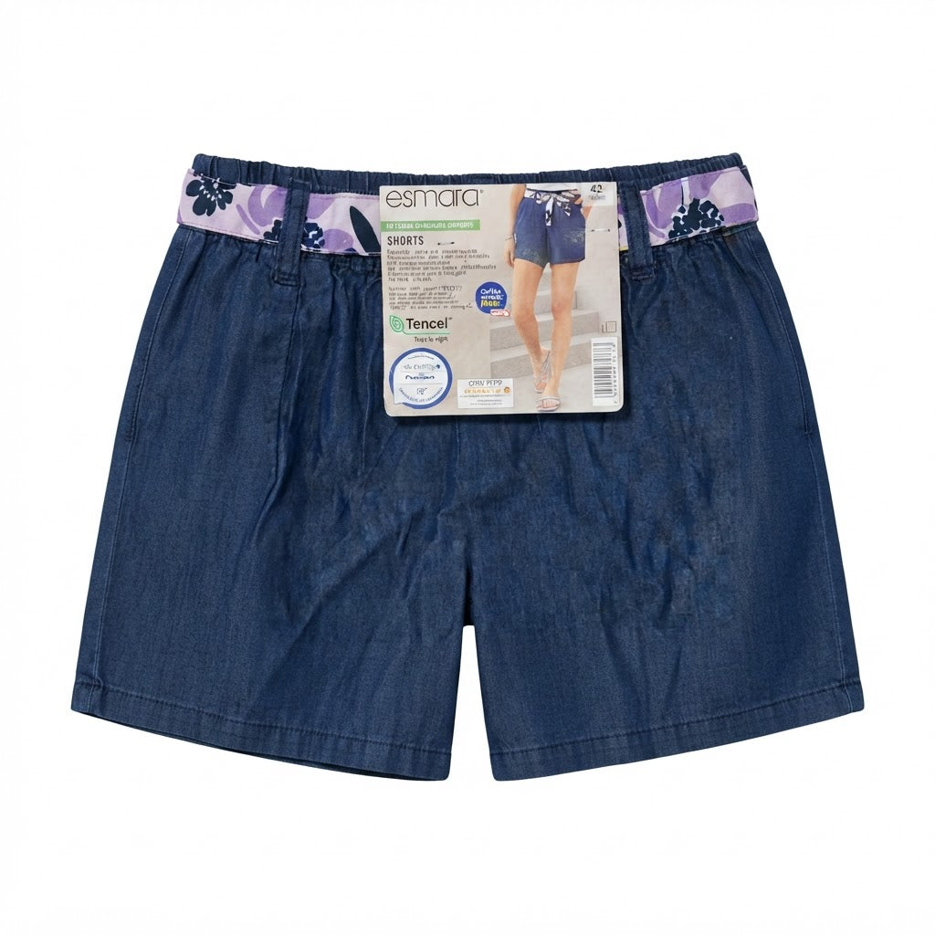 Women's Blue Chambray Shorts with Floral Tie Belt