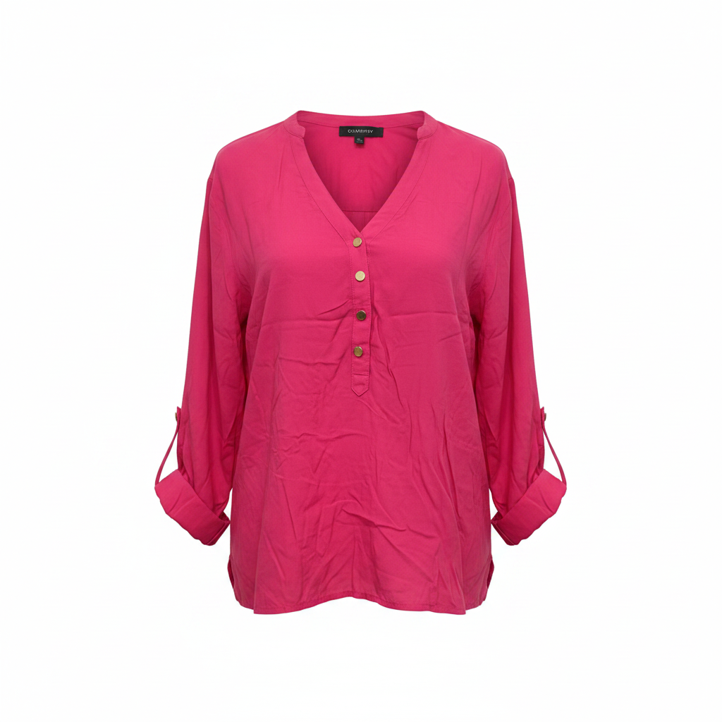 Cortefiel Women's Fuchsia Pink Roll-Tab Sleeve Blouse