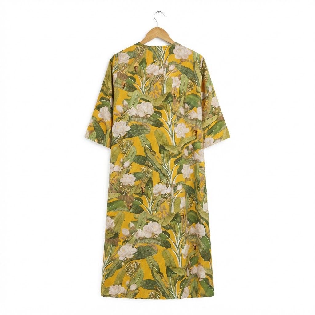 SHEIN Women's Yellow Tropical Floral Long Robe Kimono Abaya
