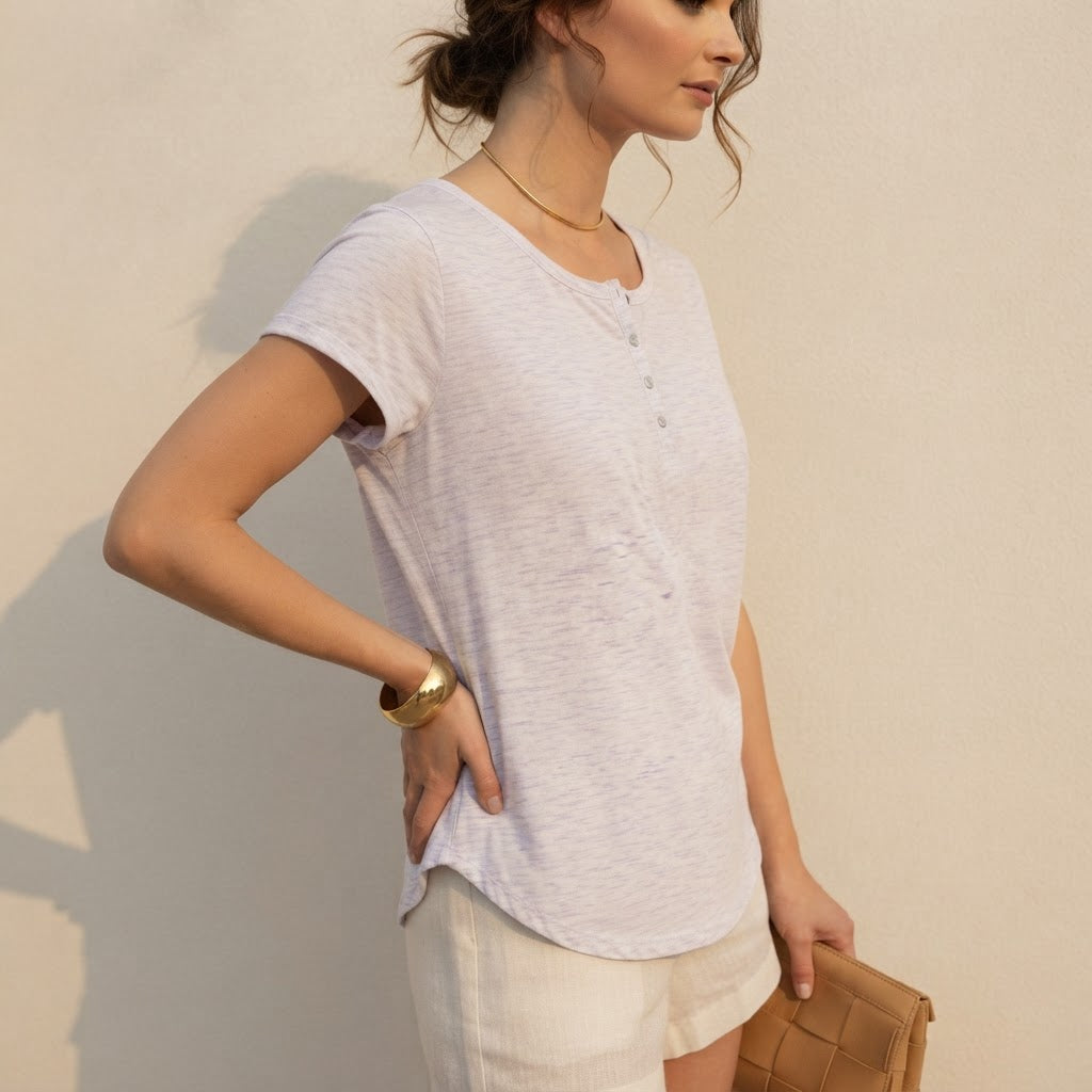 B Collection Lavender Space-Dye Henley T-Shirt with Cap Slee