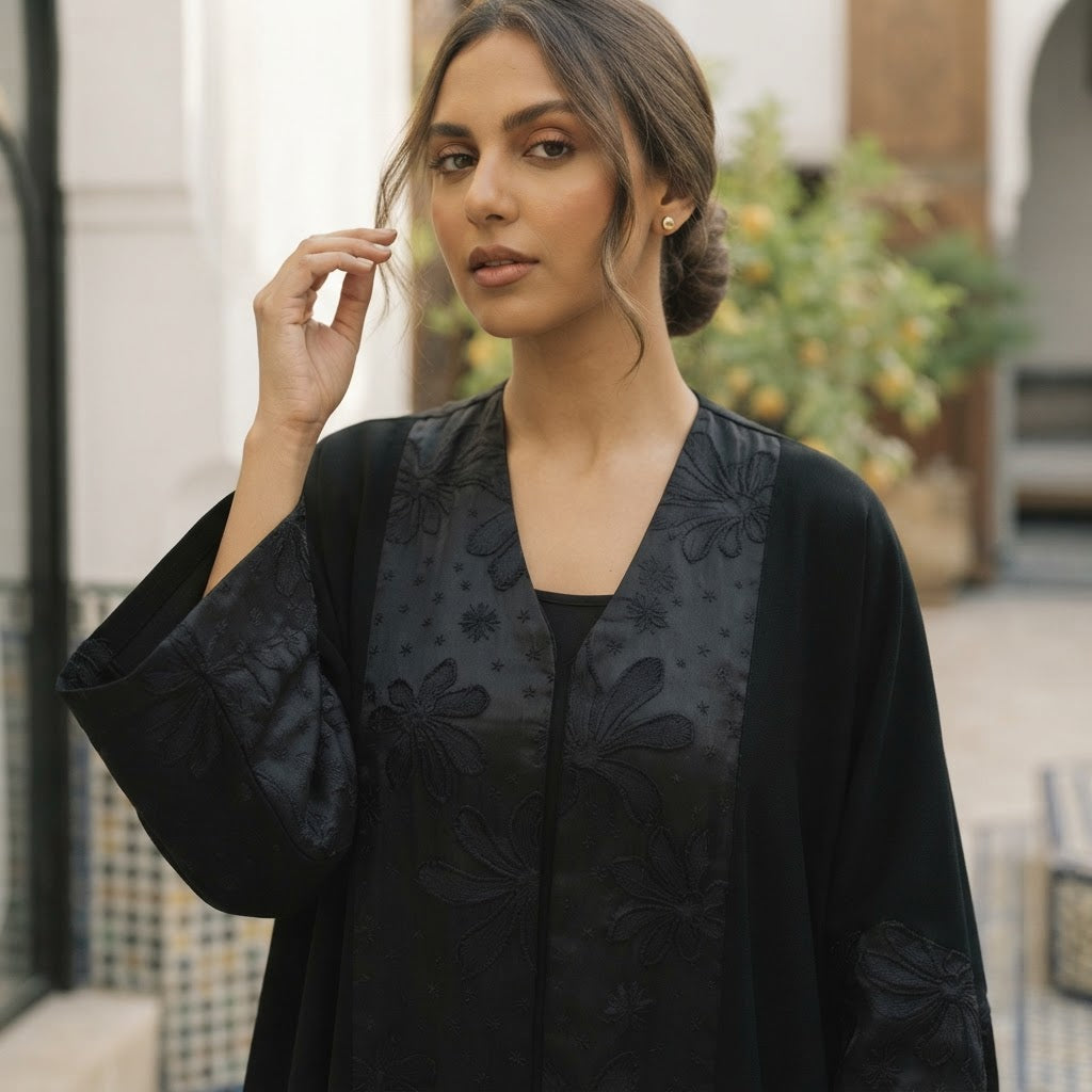 Black Embroidered Tonal Panel Kaftan Abaya