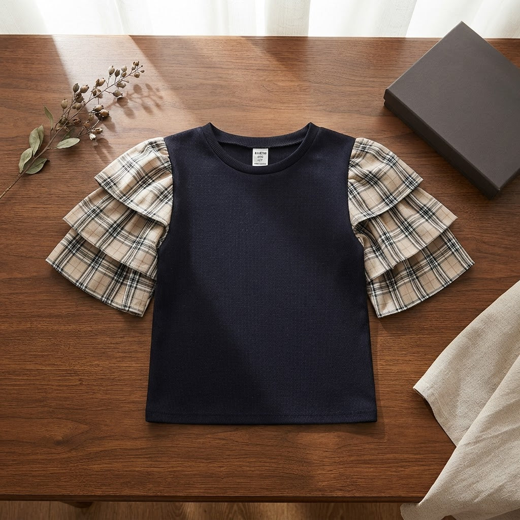 SHEIN SHEIN Navy Black Ribbed Top with Plaid Ruffle Sleeves