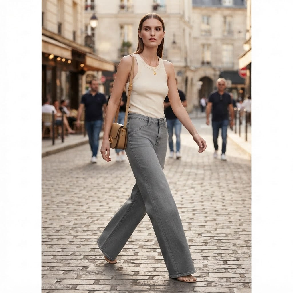 Mango Grey Wide-Leg Denim Jeans with Architectural Waistband