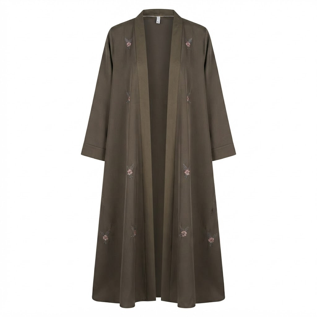 represent Olive Brown Embroidered Open-Front Abaya with Wide