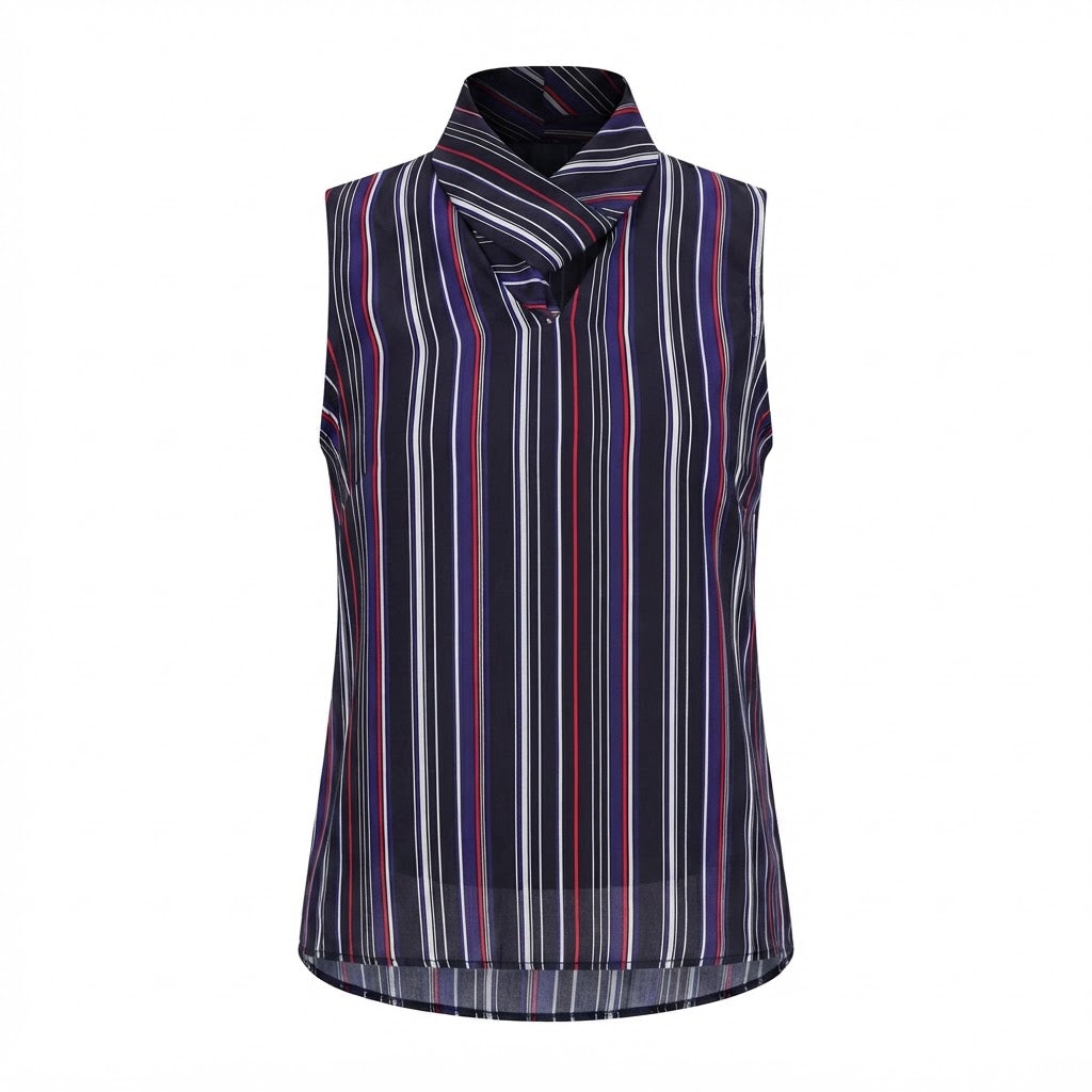 Women's Black Vertical Stripe Sleeveless High-Neck Blouse