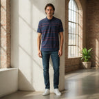 ANKO Navy Blue and Red Striped Men's Polo Shirt with Pocket