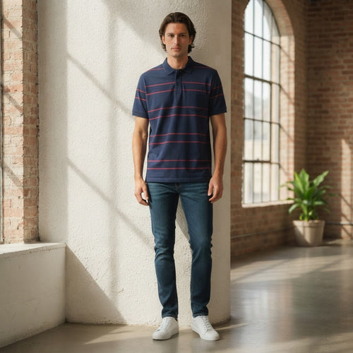 ANKO Navy Blue and Red Striped Men's Polo Shirt with Pocket