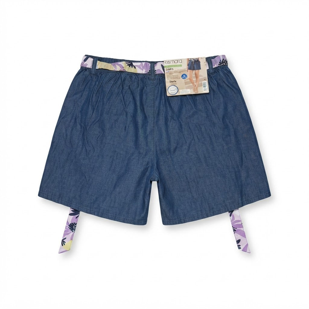 Women's Blue Chambray Shorts with Floral Tie Belt