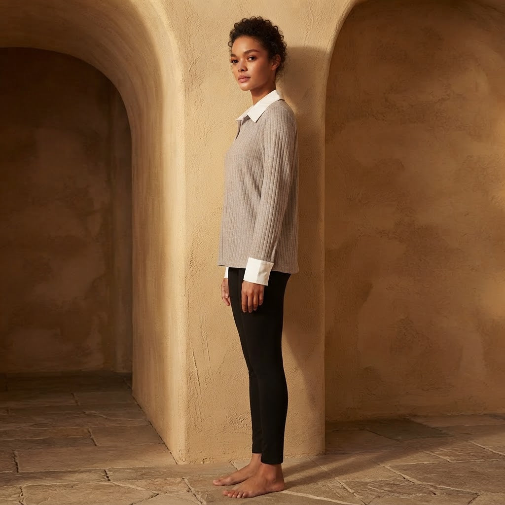 SHEIN Greige Ribbed Knit Pullover with Contrast White Collar